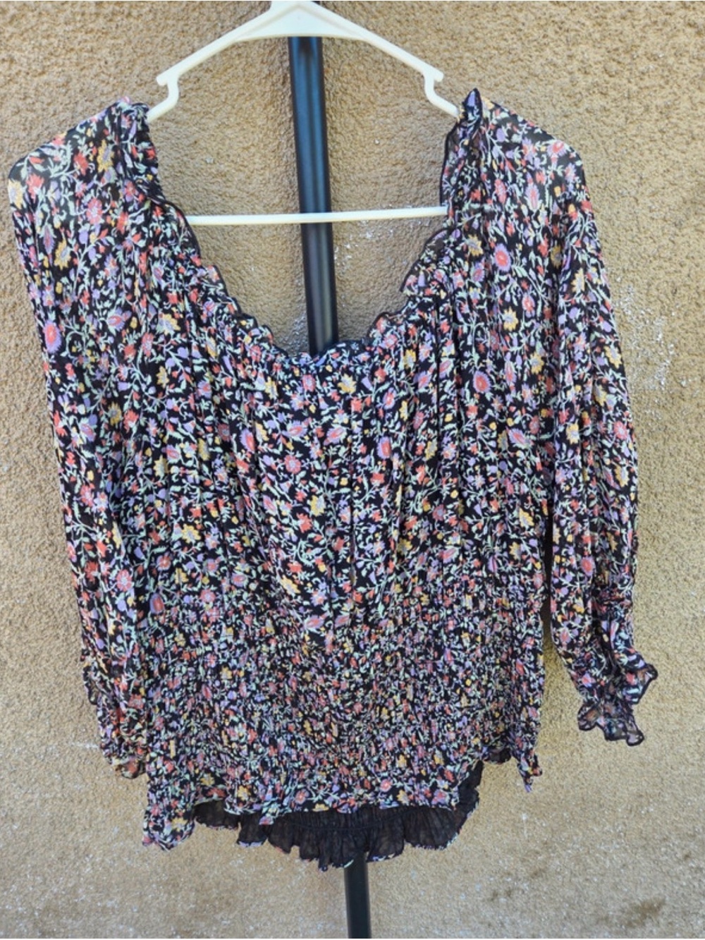 Anthropologie Black Floral Smocked Off-Shoulder Crop Top Cottagecore Romantic - Picture 4 of 7